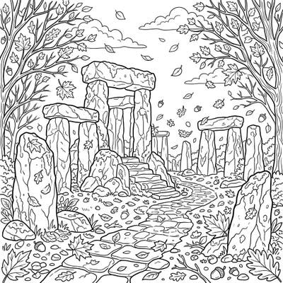 Immerse yourself in the mystique of ancient civilizations with this captivating coloring page featuring prehistoric ruins. Discover the beauty of these time-worn structures, beautifully framed by the vibrant, crisp atmosphere of autumn.