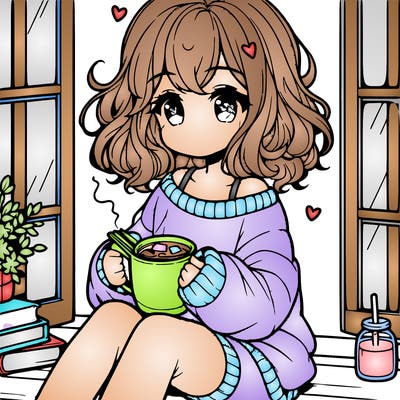 cute anime girl reading book and drinking hot chocolate from mug with loose wavy hair wearing a baggy sweatshirt and shorts sitting by windowsill looking out