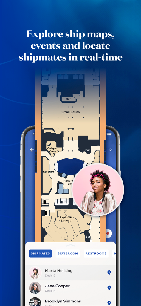 Princess Cruises - L'app Princess Cruises che mostra una planimetria digitale della nave e la funzione di localizzazione dei compagni di viaggio in tempo reale