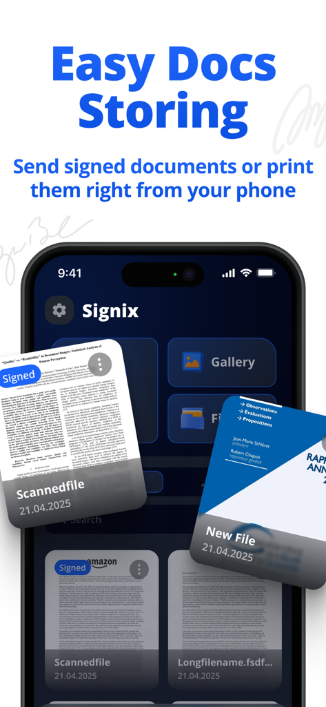 Sign Documents: Signature PDF - Interface of the Signix app displaying a list of signed documents and options for file storage and sharing.