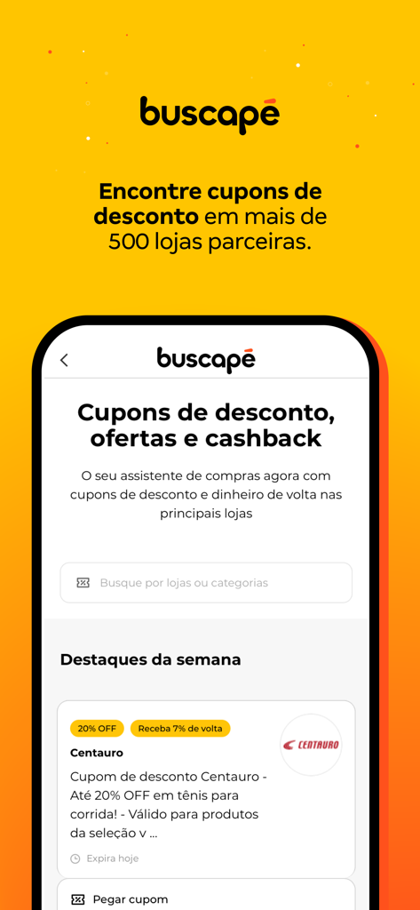 Buscape mobile app interface displaying discount coupons and cashback offers from various partner stores