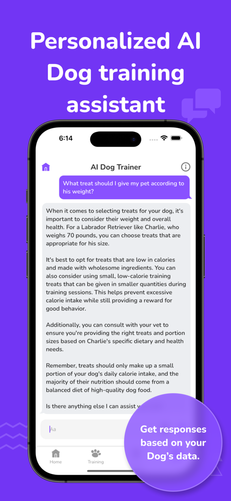 Dog Training App: Train My Dog - Interface de chat do assistente de treino de cães com IA fornecendo conselhos personalizados para pets