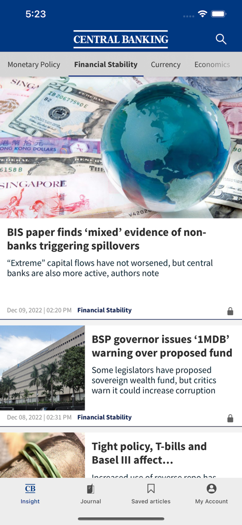 Central Banking mobile app interface displaying financial stability news headlines and economic categories