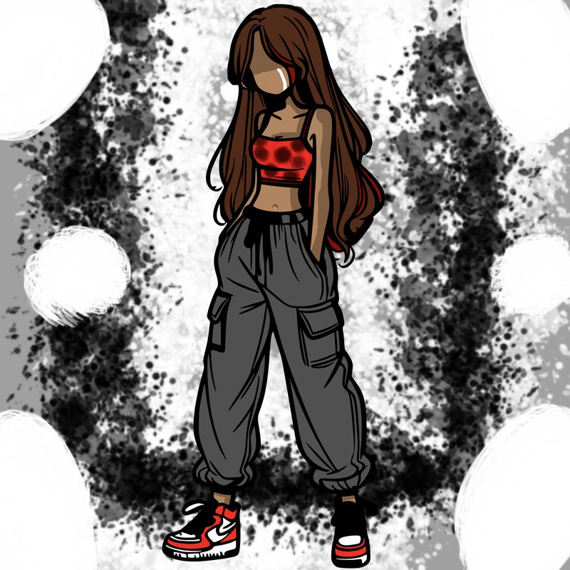 girl in baggy pants crop top and long hair