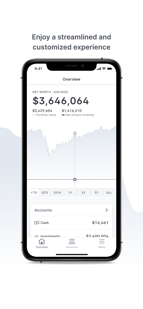GBM Wealth app dashboard showing total net worth and portfolio performance chart