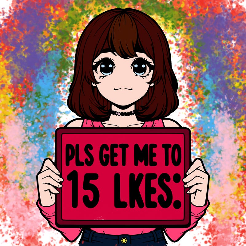 realistic girl holding up a sign that says “pls get me to 15 likes!”
