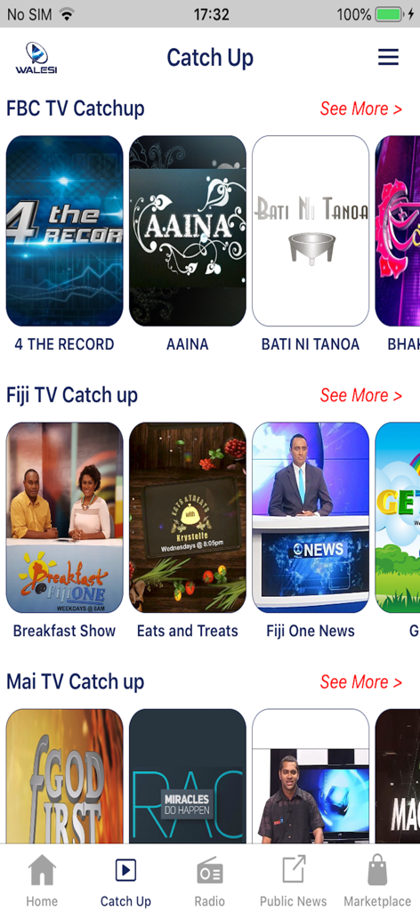 Walesi - Walesi app interface showing catch up content from Fijian broadcasters including FBC TV and Fiji TV