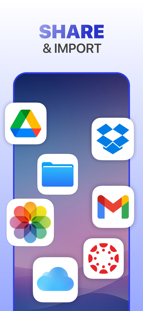 Graphic showing cloud storage and email app icons for document sharing and importing