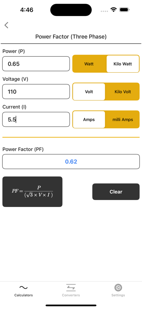 Electrical Calculator lite - Interfaz de la aplicación Calculadora Eléctrica Lite mostrando un cálculo de factor de potencia trifásico con fórmula y selectores de unidades.