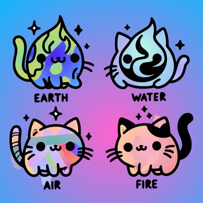 4 cats that represent the different elements, earth, water, air, and fire