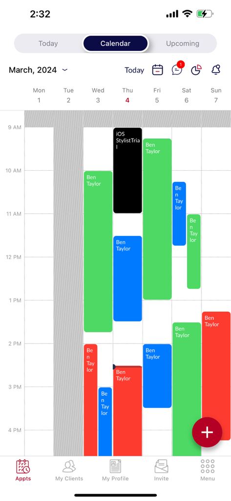 Ring My Barber: Booking App - Weekly calendar view of the Ring My Barber app showing color coded appointments