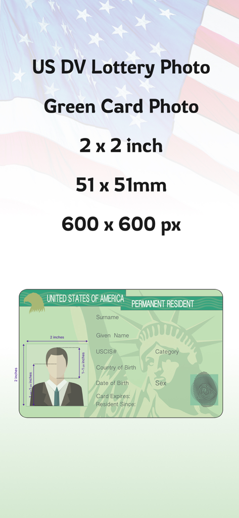 Green Card Photo US VISA - Spécifications techniques pour les photos de carte verte américaine et de loterie DV, y compris les dimensions de 2x2 pouces et 600x600 px