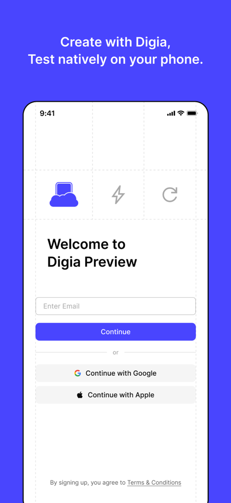 Willkommensbildschirm für die Digia Preview-App mit E-Mail- und Social-Login-Optionen für Entwickler