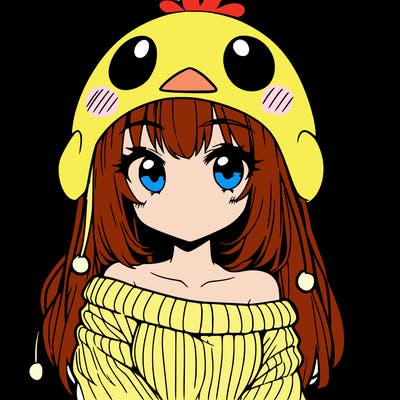 anime girl with chick shaped hat with sweater with bare shoulders with bangs covering them one eye with low tail