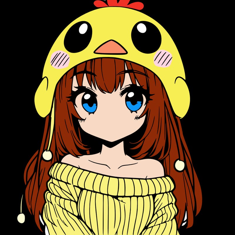 anime girl with chick shaped hat with sweater with bare shoulders with bangs covering them one eye with low tail