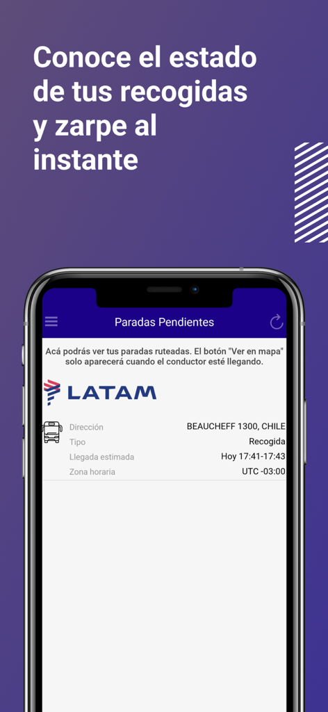Pantalla de smartphone que muestra la aplicación Latam GO con detalles de una parada de recogida programada.