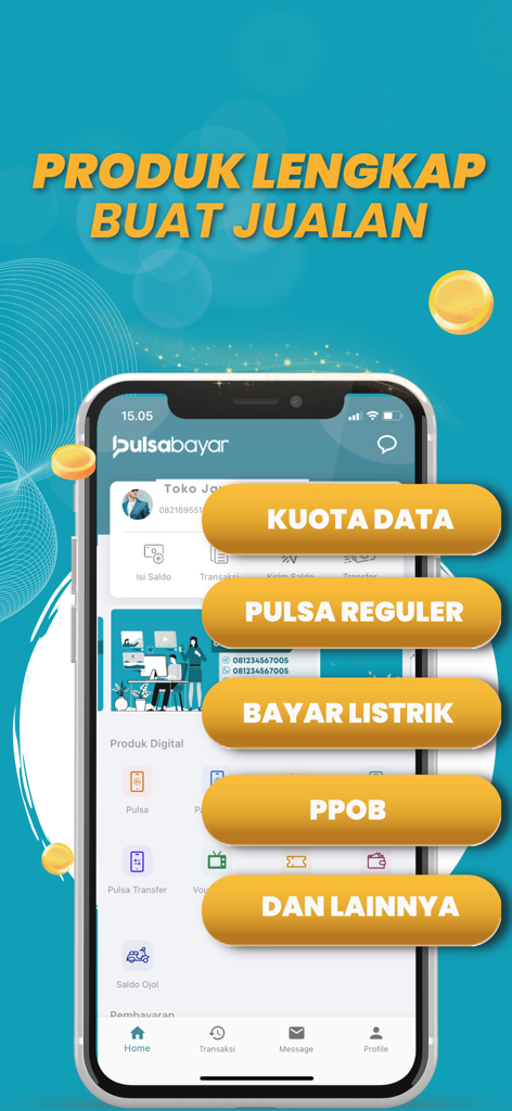 Aplicación Pulsabayar que muestra servicios de crédito móvil y pago de facturas
