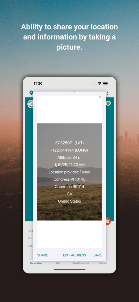 My GPS Coordinates ° - Una pantalla móvil que muestra una foto con metadatos GPS superpuestos que incluyen latitud, longitud y altitud para compartir la ubicación