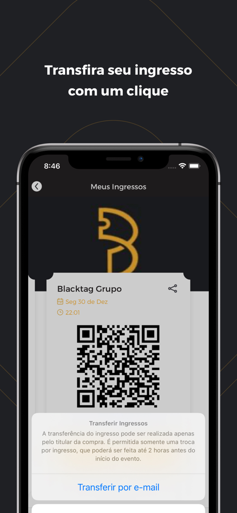Blacktag - Digital event ticket with QR code and transfer button on the Blacktag mobile app interface.