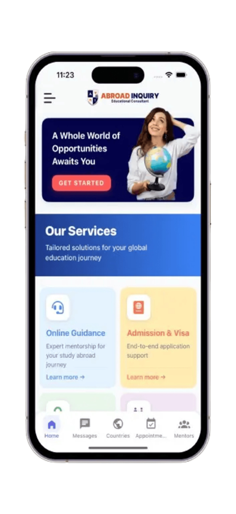 Abroad Inquiry - Abroad Inquiry app home screen displaying study abroad services including online guidance and visa assistance