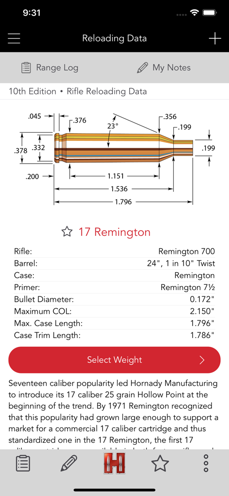 Technical diagram and reloading data for the 17 Remington cartridge in the Hornady app