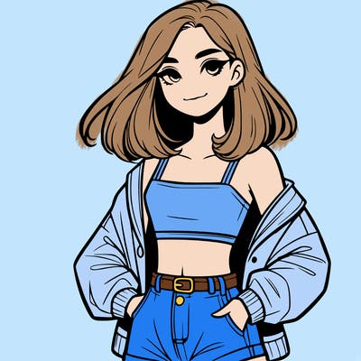 a realistic girl with a crop top and short shorts in an open jacket
