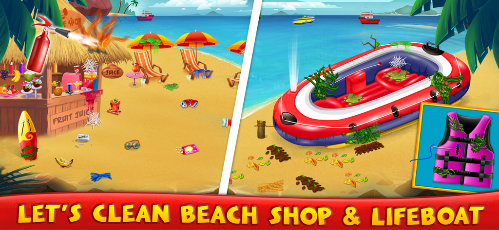 Messy House Cleaning Games - Uma tela dividida mostrando uma loja de sucos de praia bagunçada e um bote salva-vidas inflável sujo sendo limpo e consertado em um jogo infantil.