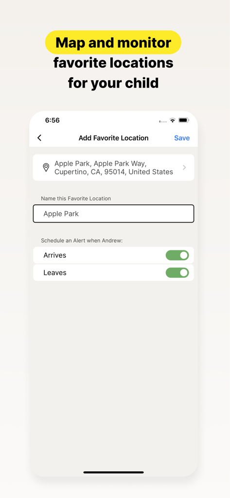 Norton Family Parental Control - Norton Family app interface showing settings for adding a favorite location with arrival and departure alerts for a child
