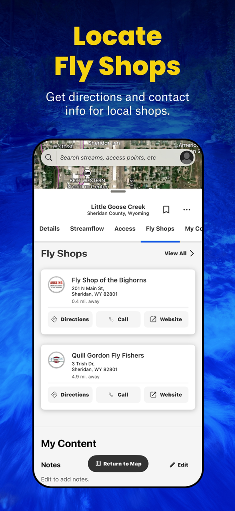 TroutRoutes: Fly Fishing App - TroutRoutes app interface displaying local fly shops with contact information and directions