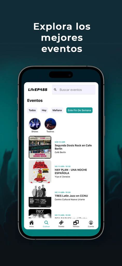 Schermata Esplora dell'app Livepass Argentina che mostra i prossimi eventi di musica dal vivo e teatro