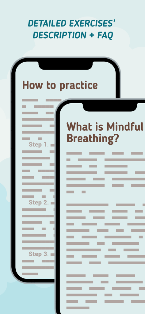 Breah - breathing exercises - Captura de pantalla de la aplicación Breah que muestra descripciones detalladas de ejercicios y una sección de preguntas frecuentes sobre mindfulness.