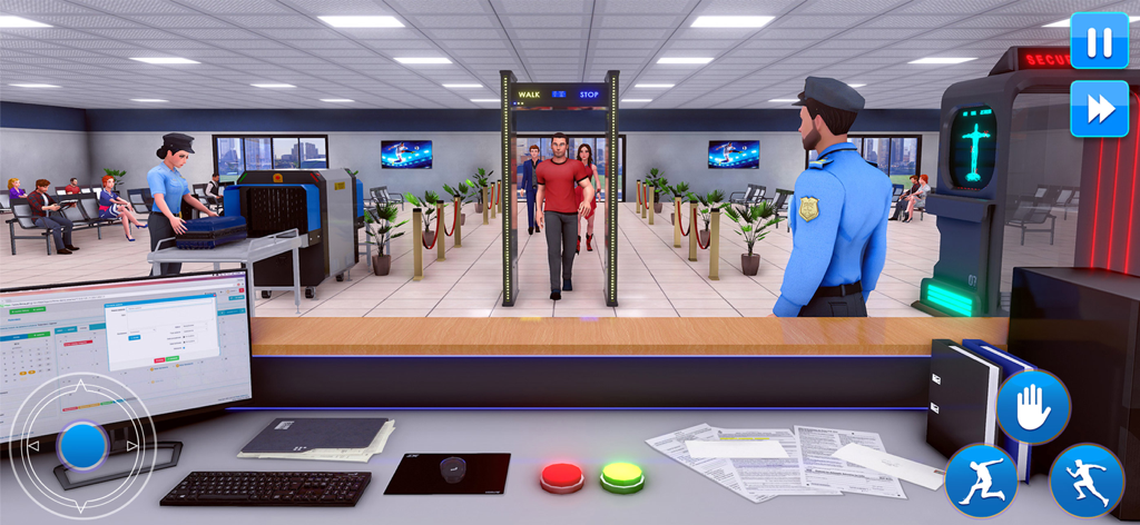 Gameplay screenshot of Airport Security Border Patrol showing a security officer desk and passengers walking through a metal detector.