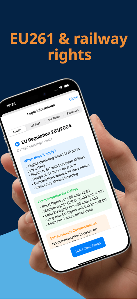 Flight & Train Claim - Smartphone screen displaying EU261 passenger rights and compensation amounts for travel delays.