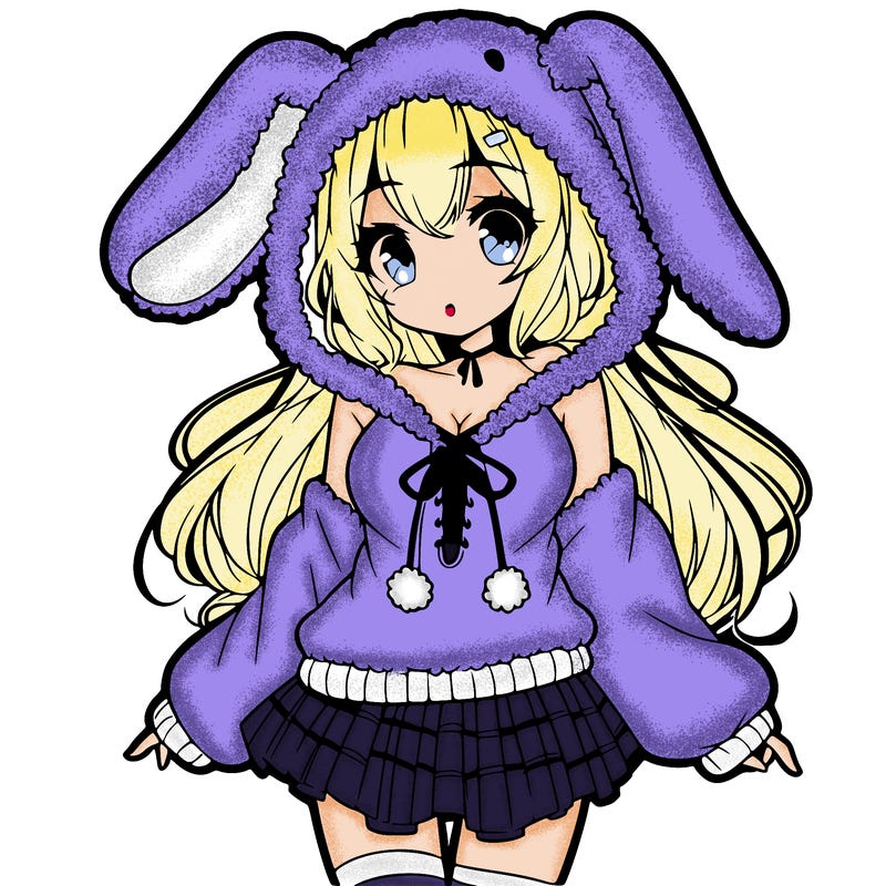 pretty anime girl wearing a fluffy hoodie with bunny ears on the hood and a skirt