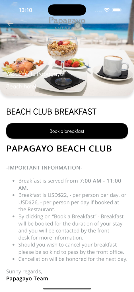 Schermata di prenotazione per la colazione del Papagayo Beach Club con opzioni di pasto e prezzi