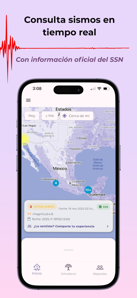 Interface of the Sismos Mexico app displaying a real-time map with earthquake alerts and magnitudes.