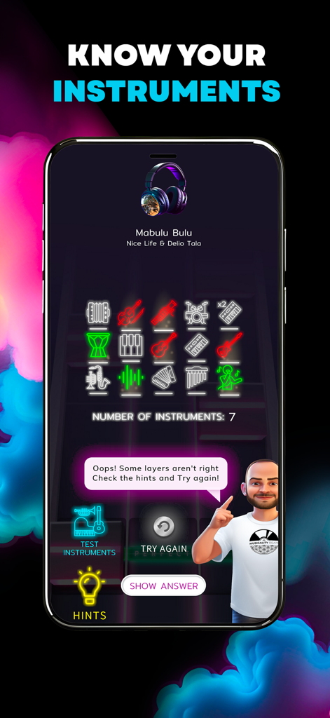 Musicality Beats - Interface do aplicativo Musicality Beats mostrando um mini-jogo de identificação de instrumentos musicais para treinamento de ouvido.