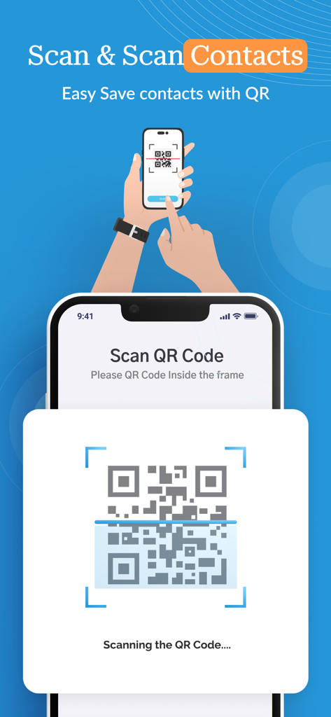 A smartphone scanning a QR code to quickly save contact information into the app.