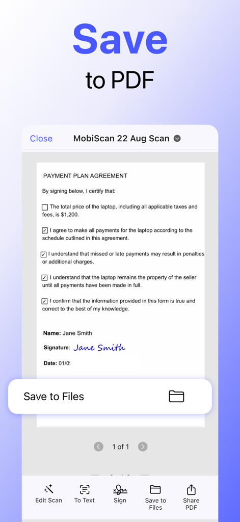 MobiScan: OCR Scanner・Scan PDF - Interfaz de la aplicación MobiScan mostrando un documento firmado listo para guardarse como archivo PDF