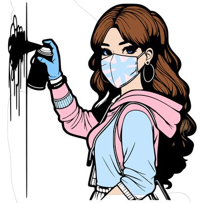 realistic girl with mask spray painting a wall