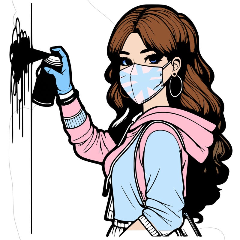 realistic girl with mask spray painting a wall