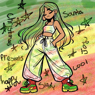 girl in baggy pants crop top and long hair