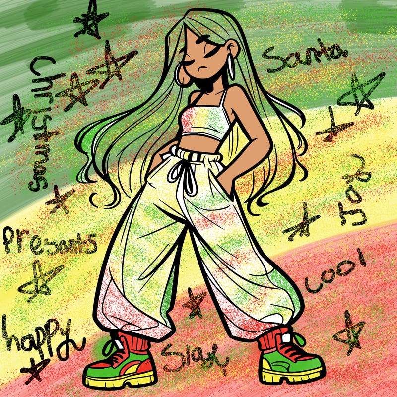 girl in baggy pants crop top and long hair