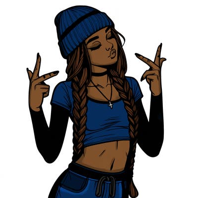 realistic teenage girl with braids and a beanie and crop top doing 🫶🏼