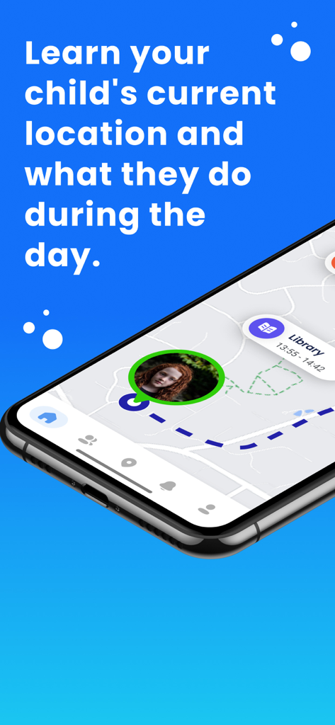 NaviMax - Location sharing - NaviMax app interface showing a childs current location and daily activity history on a map.