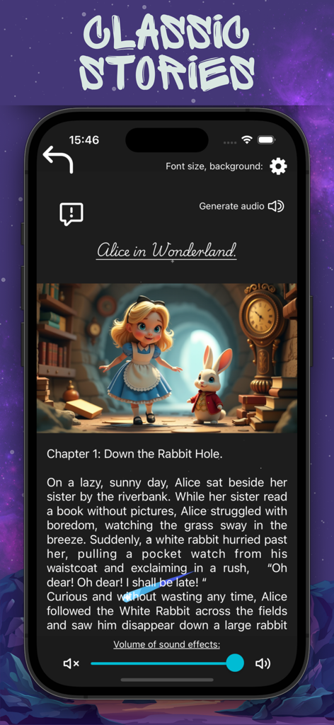 Bedtime AI Story Creator. - RocketTales app classic story mode featuring Alice in Wonderland with interactive text and illustrations