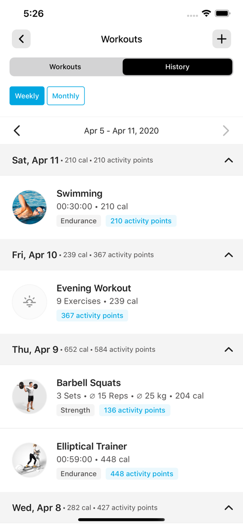 EoS Fitness app workout history screen showing daily exercise logs calories and activity points