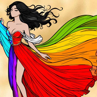 realistic woman in dress flowing the the wind