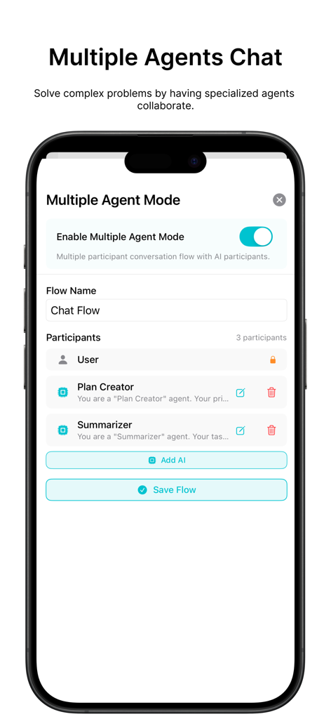 On-Device AI: TTS, STT & Chat - Bildschirm einer mobilen App, der den Workflow eines KI-Chats mit mehreren Agenten zeigt, mit Teilnehmern wie Planer und Zusammenfasser.