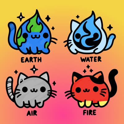 4 cats that represent the different elements, earth, water, air, and fire